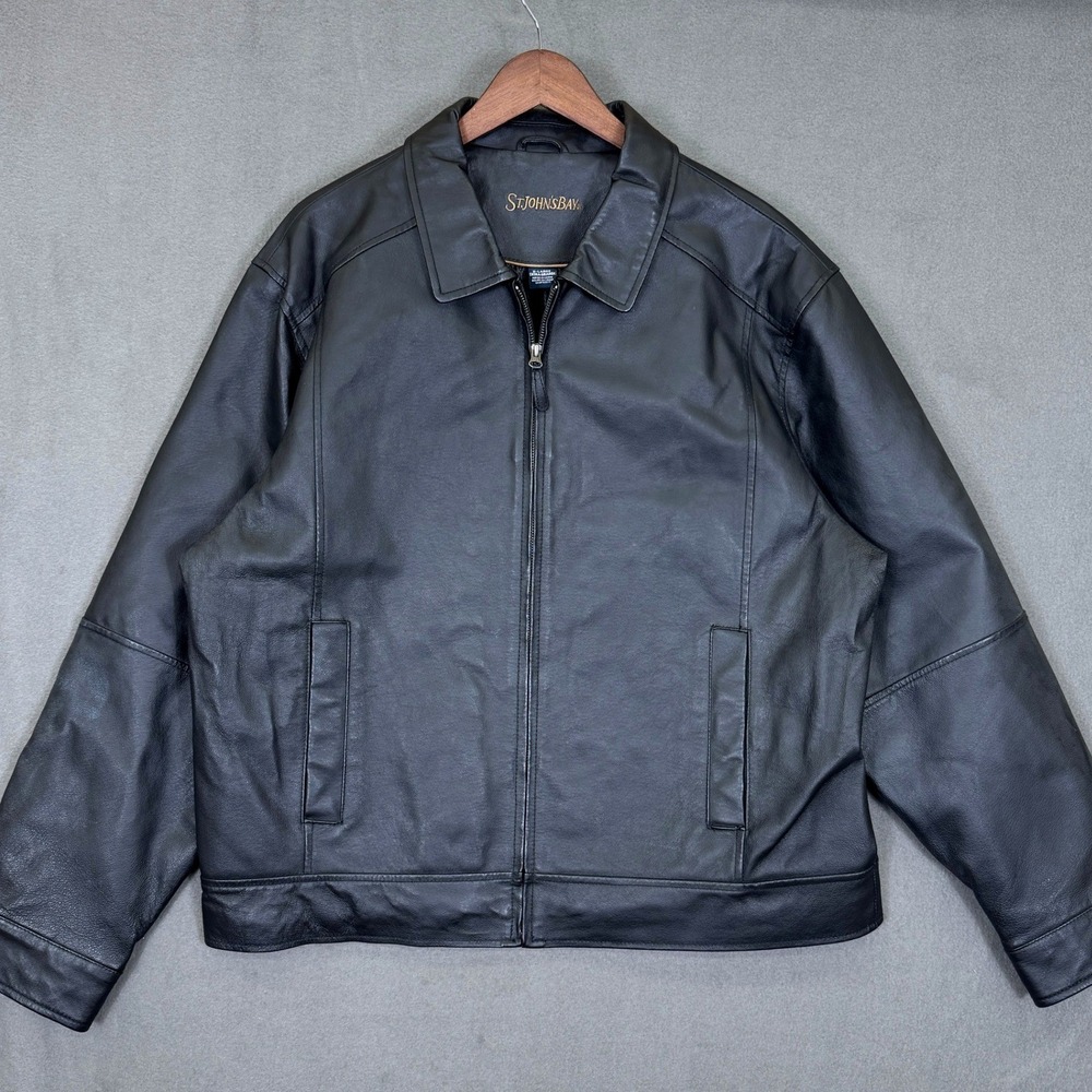 St Johns Bay Leather Jacket Men XL Black Full Zip Quilted Lined Classic Bomber